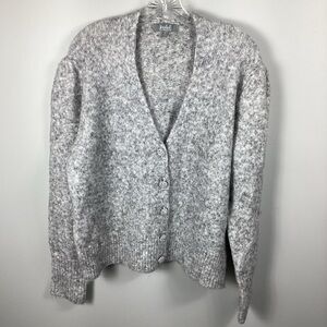 Marled Cardigan Rhinestone Buttons Women’s XL Gray White Silver Puffy Shoulders